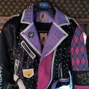 Studded Black Vegan Leather Moto Jacket with Purple & Pink Panels